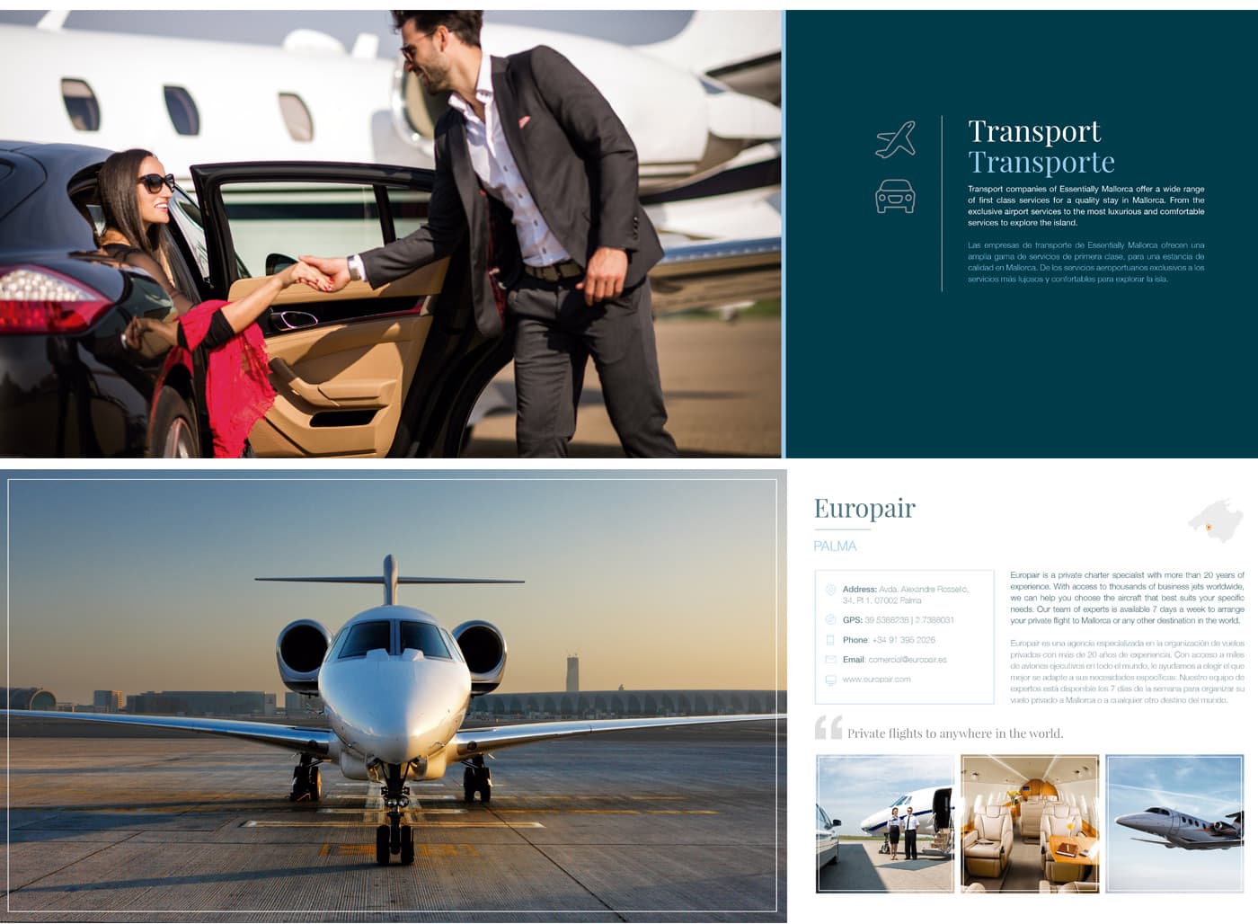 Page from the Transport section with a couple stepping out of a luxury car next to a private jet