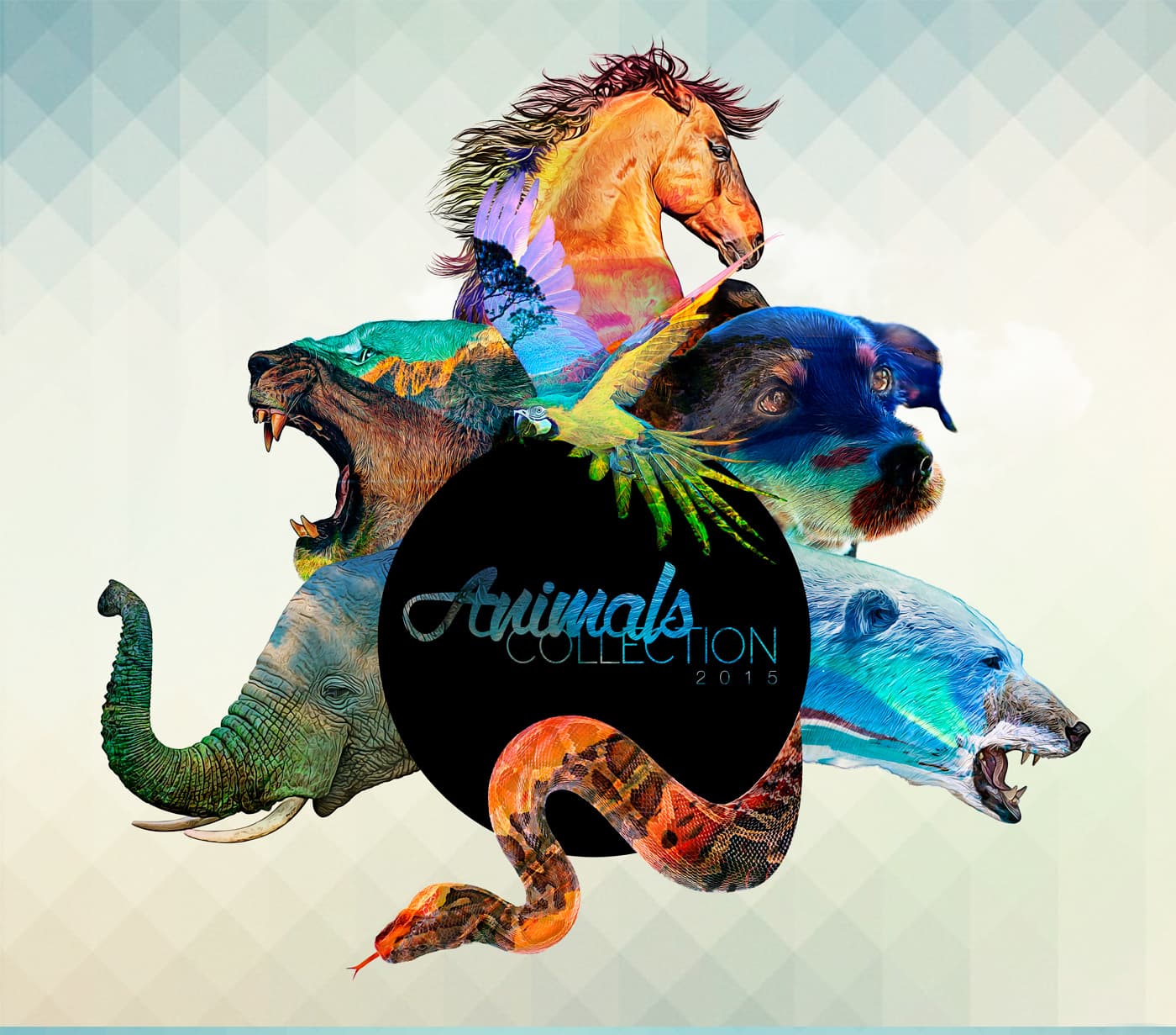 Collage de dobles exposiciones de animales con el logotipo Animals Collection