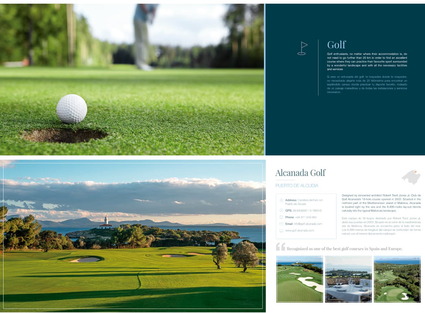 Page from the Golf section with a ball next to the hole and a view of the Alcanada Golf course by the sea