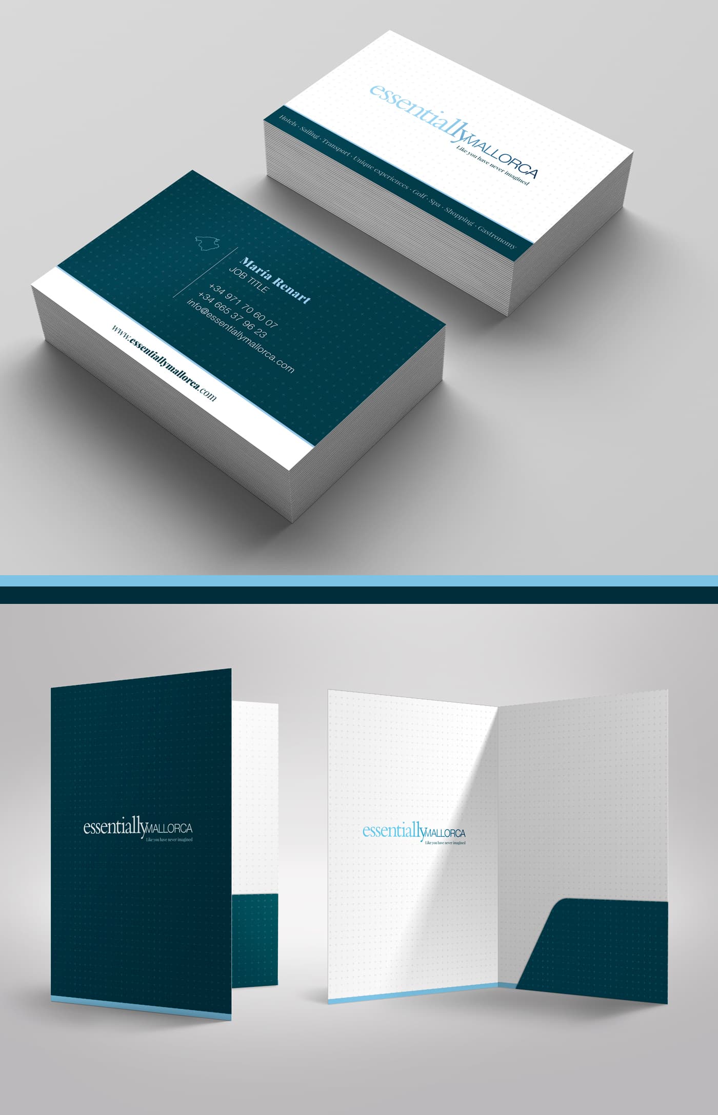 Business cards and corporate folder with the essentiallyMALLORCA logo in petrol blue