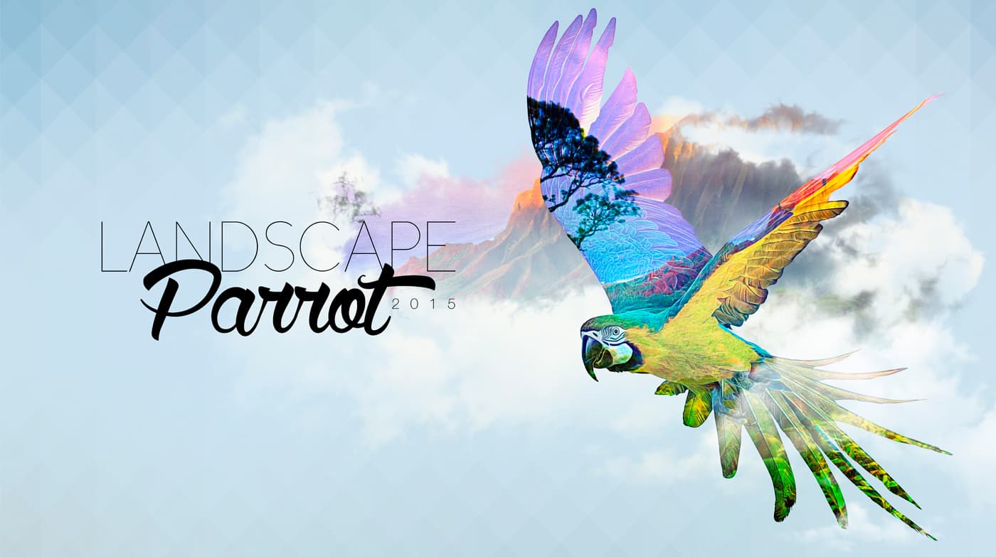 Doble exposición de un guacamayo en vuelo fusionado con un paisaje de montaña