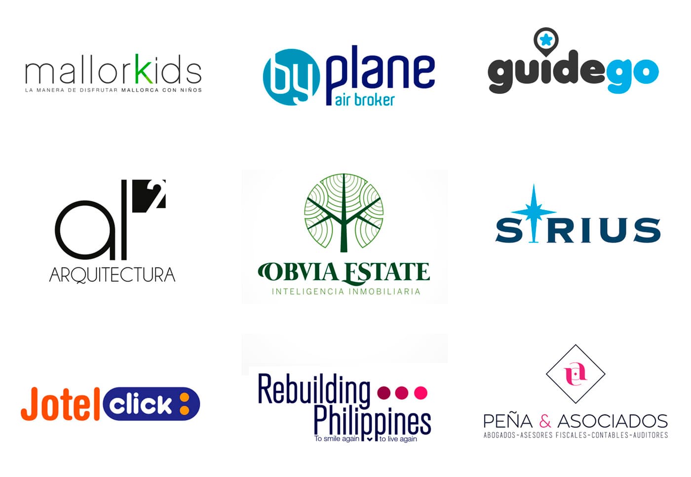 Cuadrícula con los logotipos de MallorKids, byPlane, GuideGo, al² Arquitectura, Obvia Estate, Sirius, JotelClick, Rebuilding Philippines y Peña & Asociados