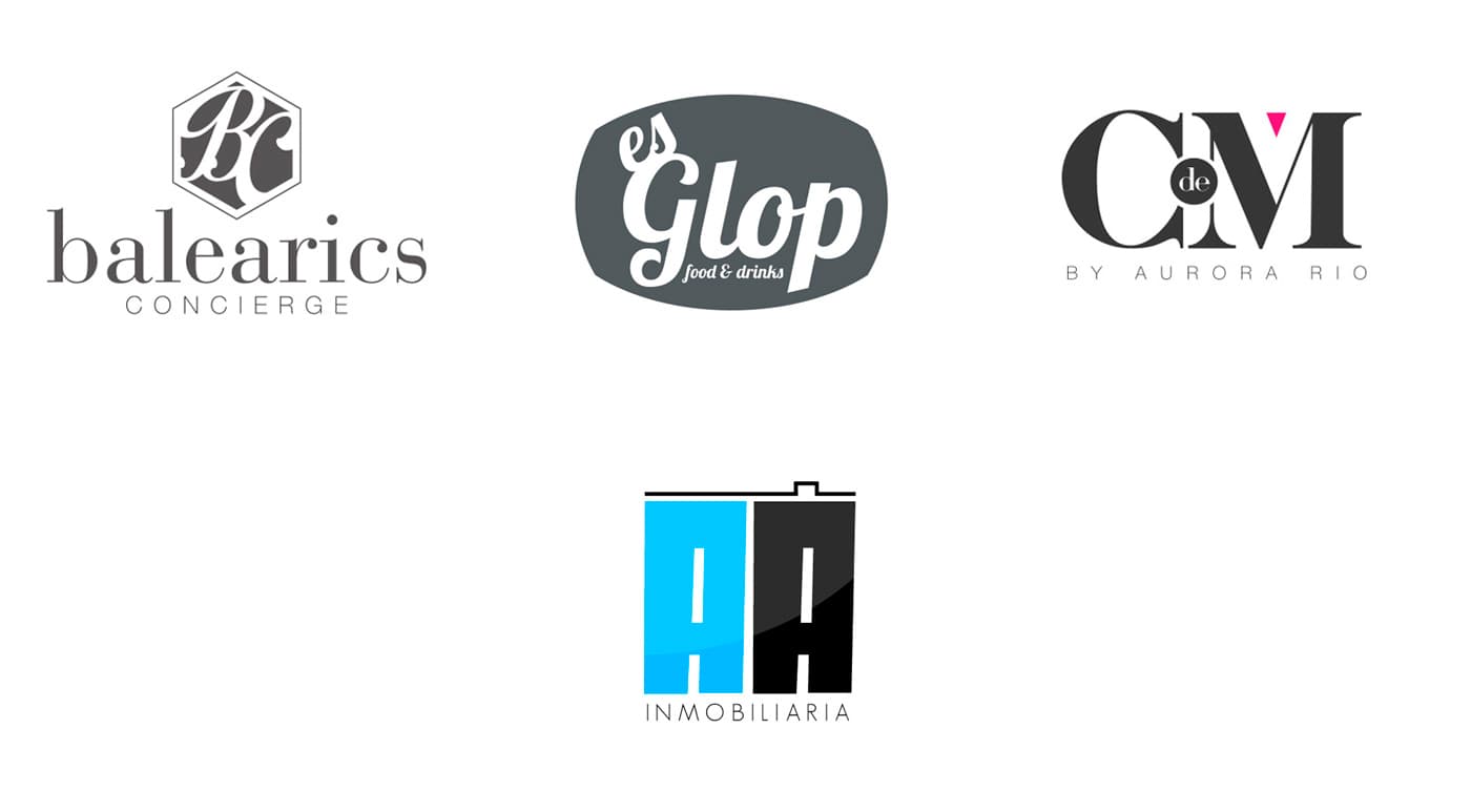 Logotipos de Balearics Concierge, Es Glop food & drinks, C de M by Aurora Rio y AI Inmobiliaria