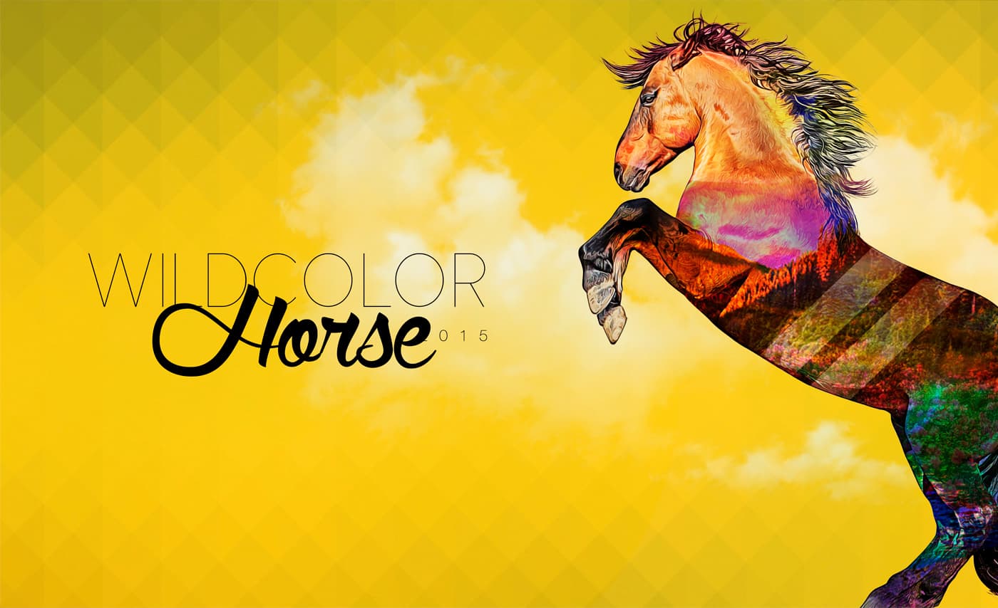 Doble exposición de un caballo encabritado con paisaje otoñal sobre fondo amarillo