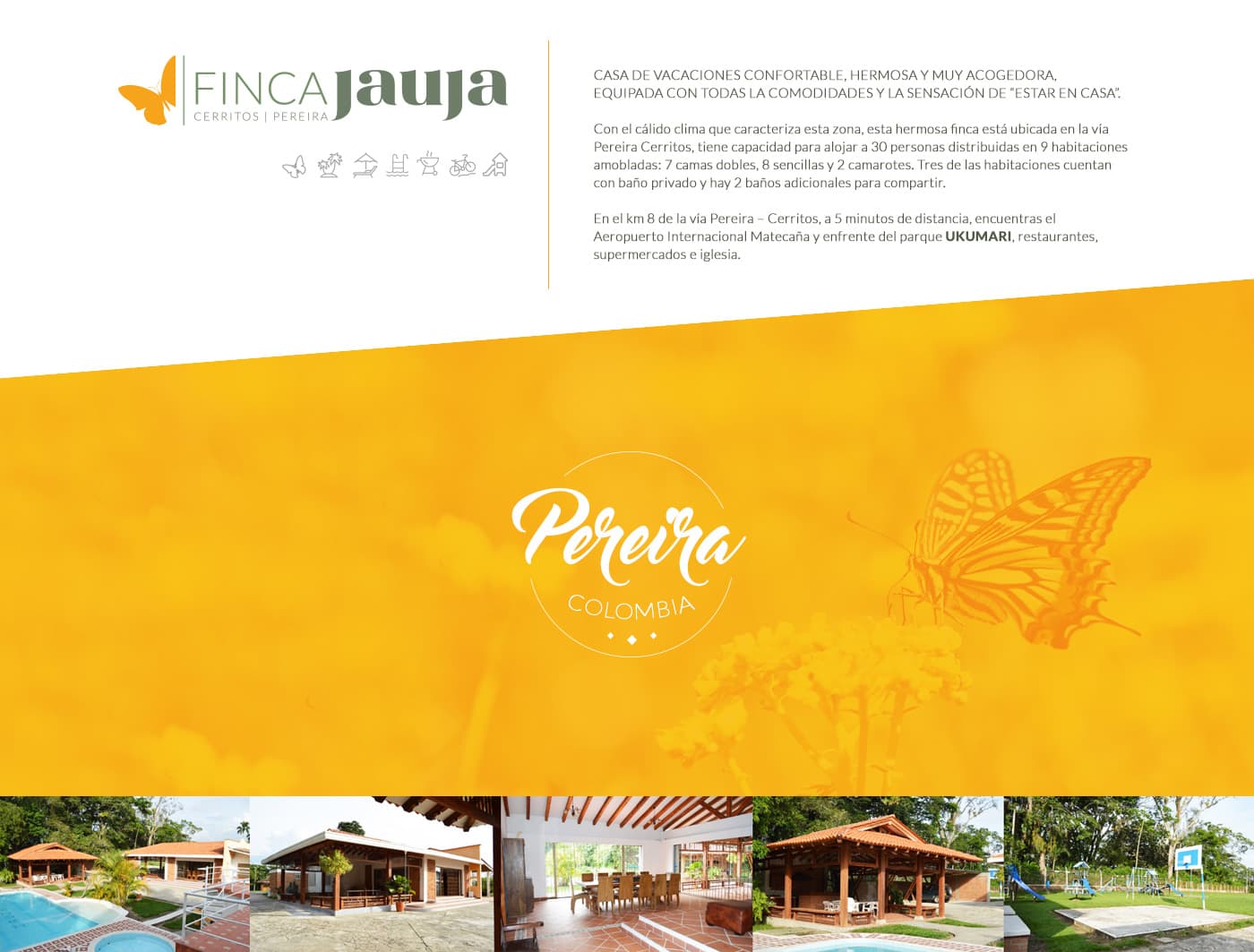 Presentació de Finca Jauja amb logotip de papallona i fotos de la piscina, el menjador i el jardí