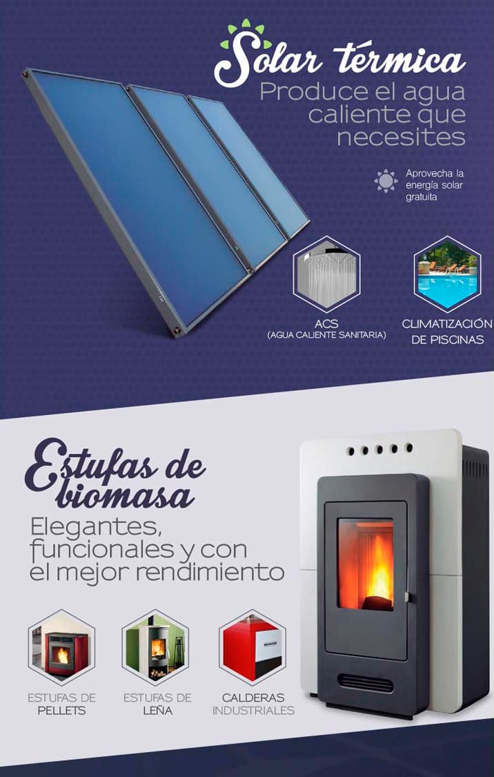 Infografia de plaques solars tèrmiques i estufes de biomassa de MallorcaSolar
