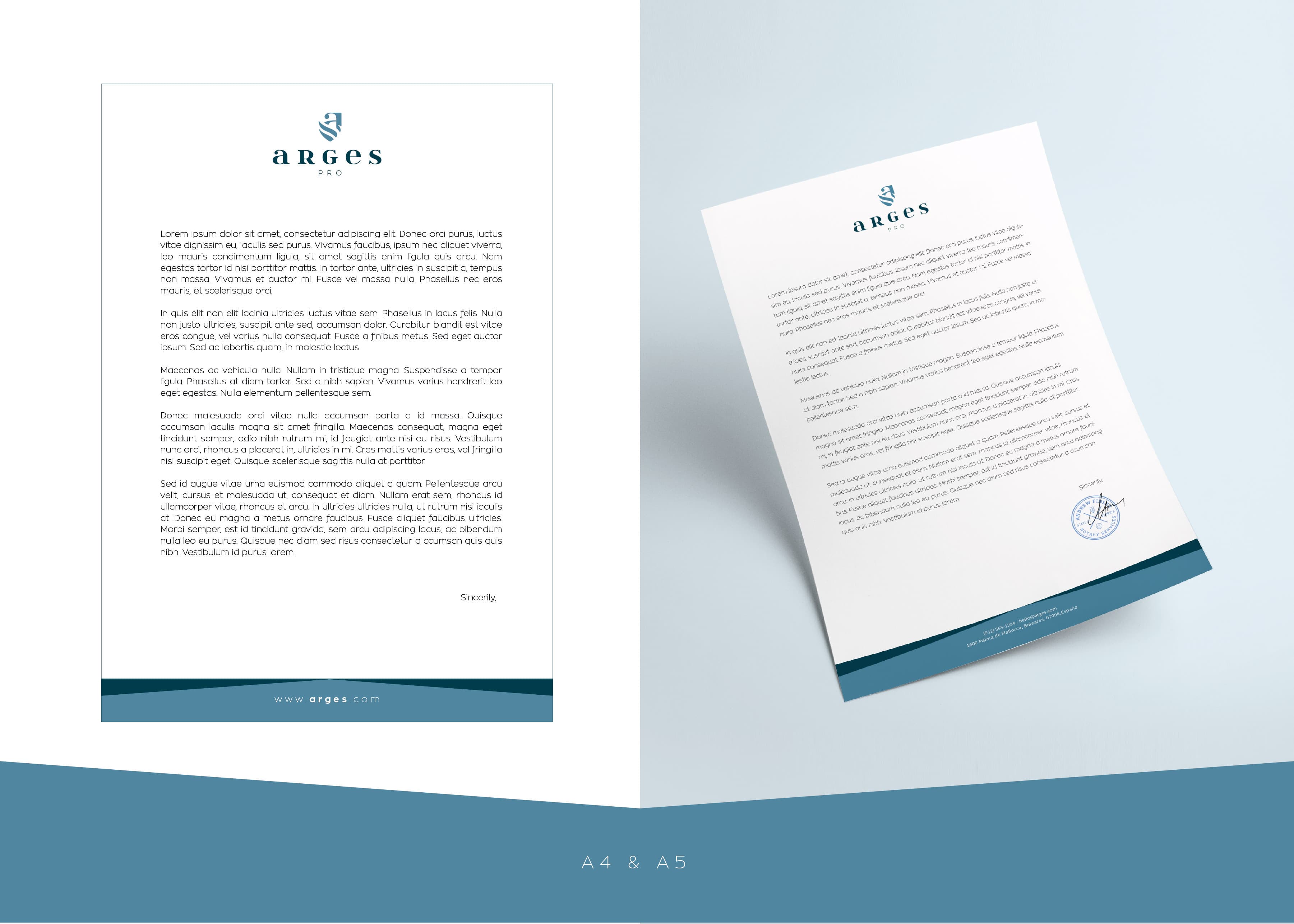 Mockup de carta amb capçalera d'Arges Pro en format A4 i A5