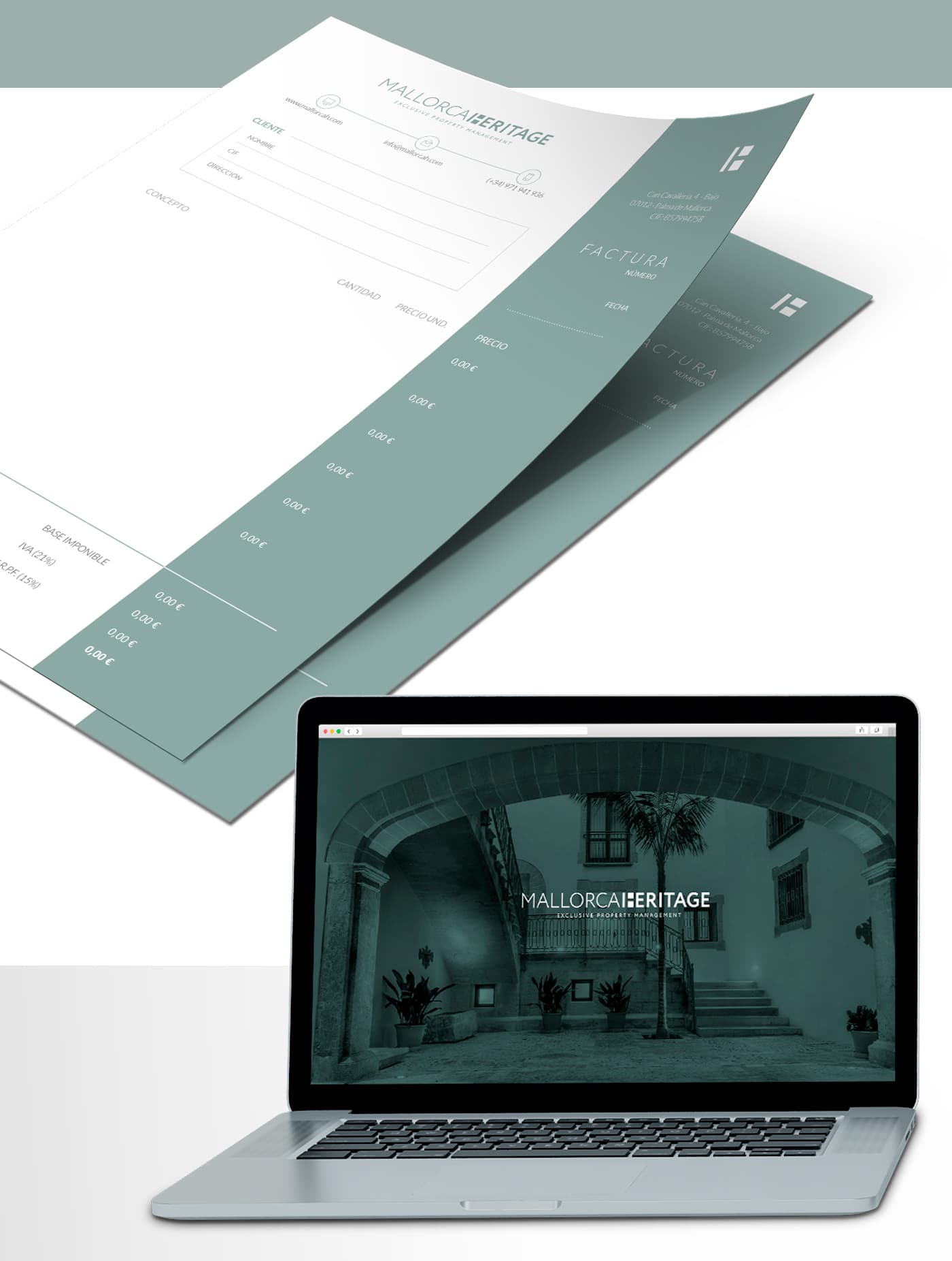 Mockup de factura corporativa y web de Mallorca Heritage con un patio señorial de Palma