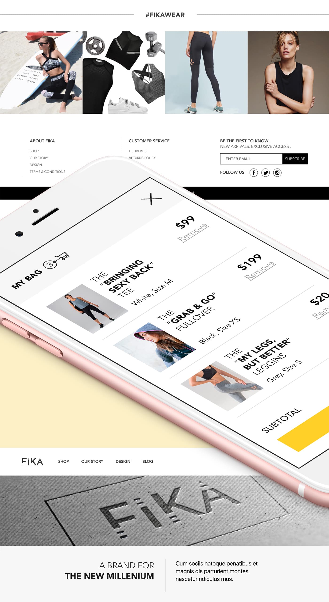 Mockup del carret de compra de FIKA en smartphone, amb moodboard i logo gravat en formigó