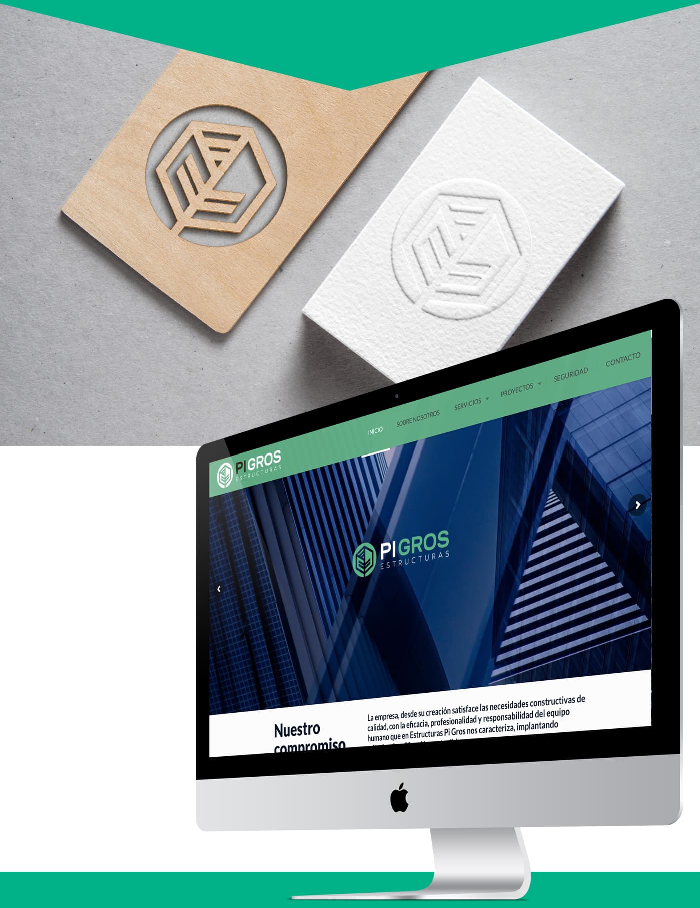 Logotipo de Pi Gros grabado en madera y en relieve sobre tarjeta blanca junto a la web en un iMac