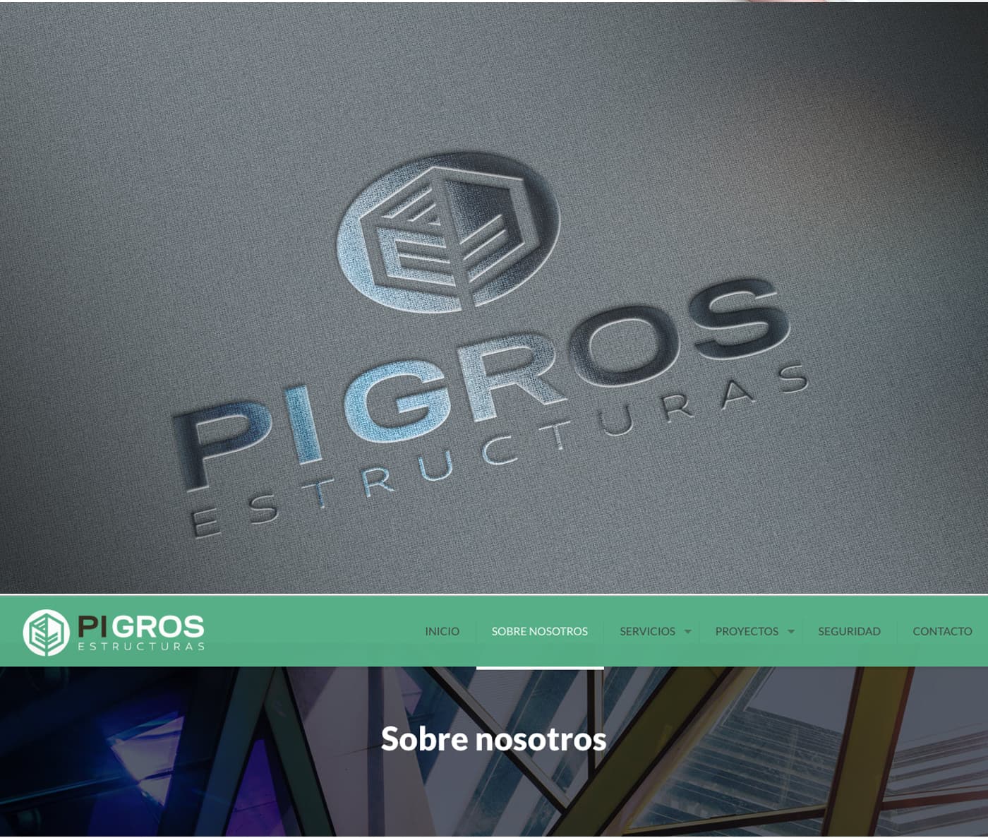 Logotipo de Pi Gros en relieve sobre tela gris junto al menú de navegación de la web