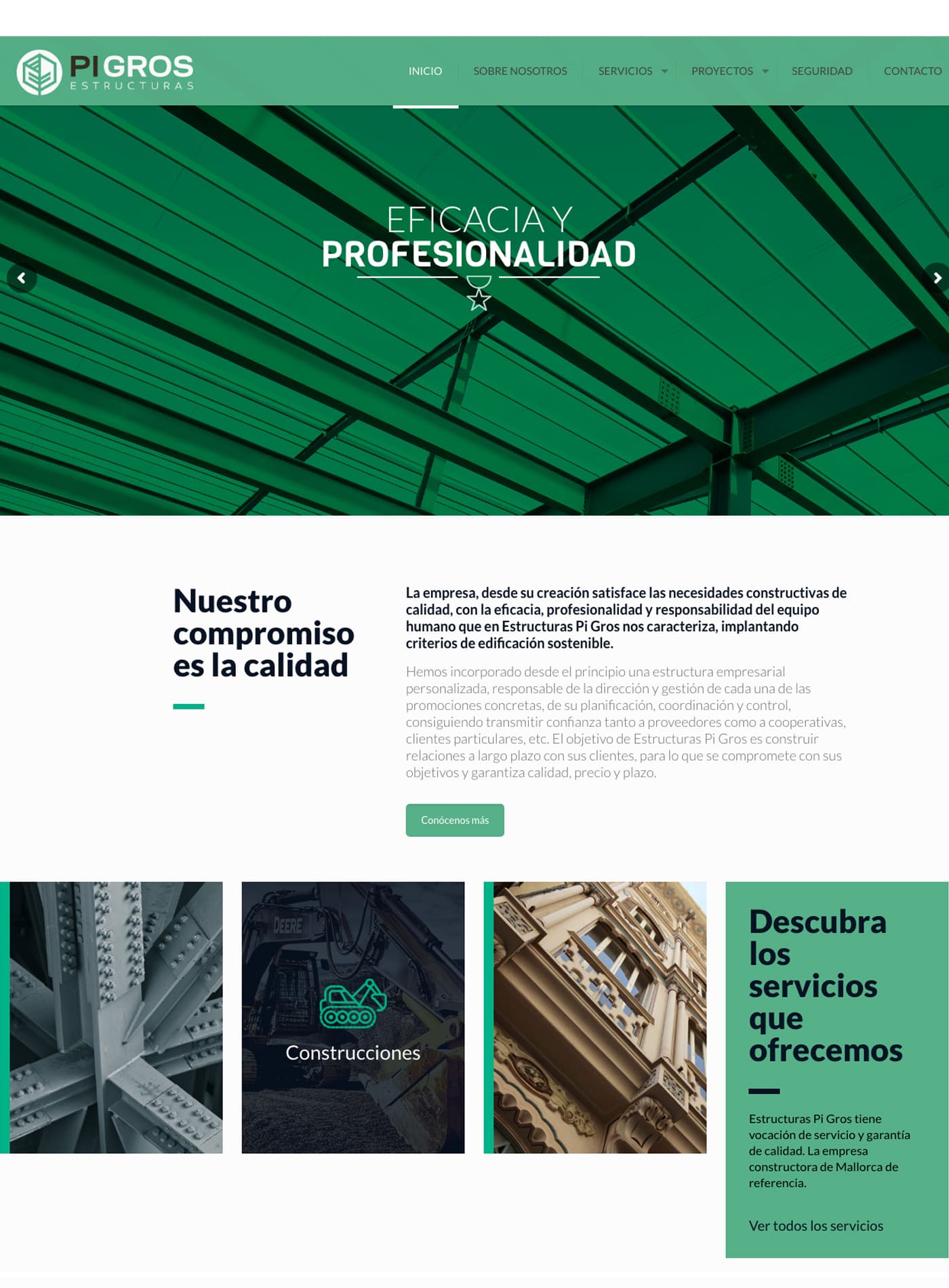 Página de inicio de la web de Pi Gros con estructura metálica verde y bloques de servicios