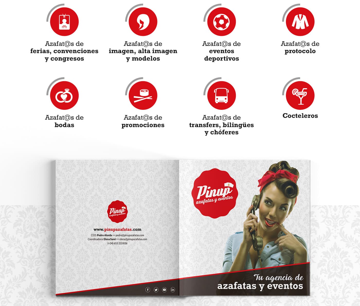 Catàleg de serveis amb icones circulars vermelles i portada amb model pin-up