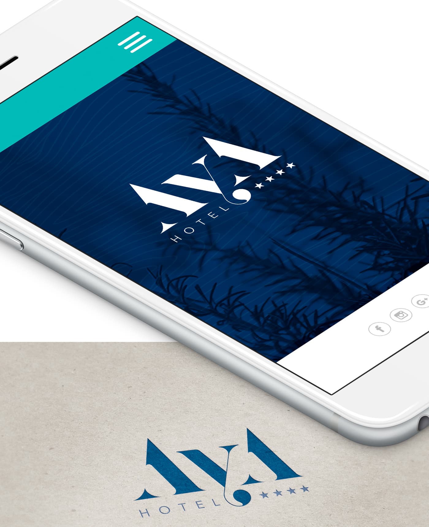 Pantalla de móvil con el logotipo de AyA Hotel sobre fondo de hojas nocturnas