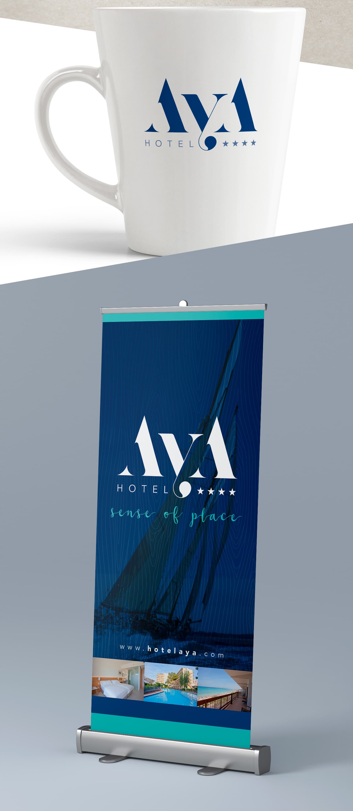 Taza de cerámica y roll-up con el logotipo y la fotografía de un velero