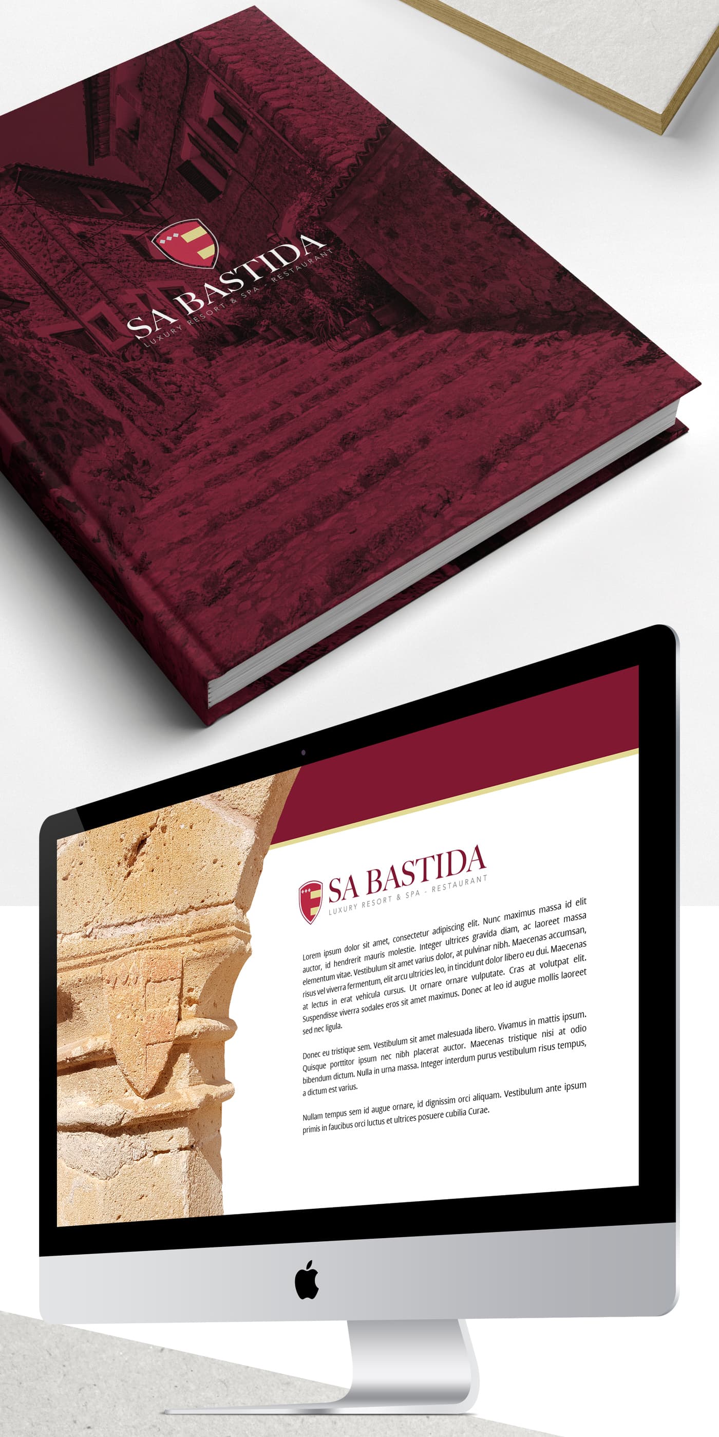 Mockup de libro y web de Sa Bastida con el escudo familiar sobre una fotografía de piedra