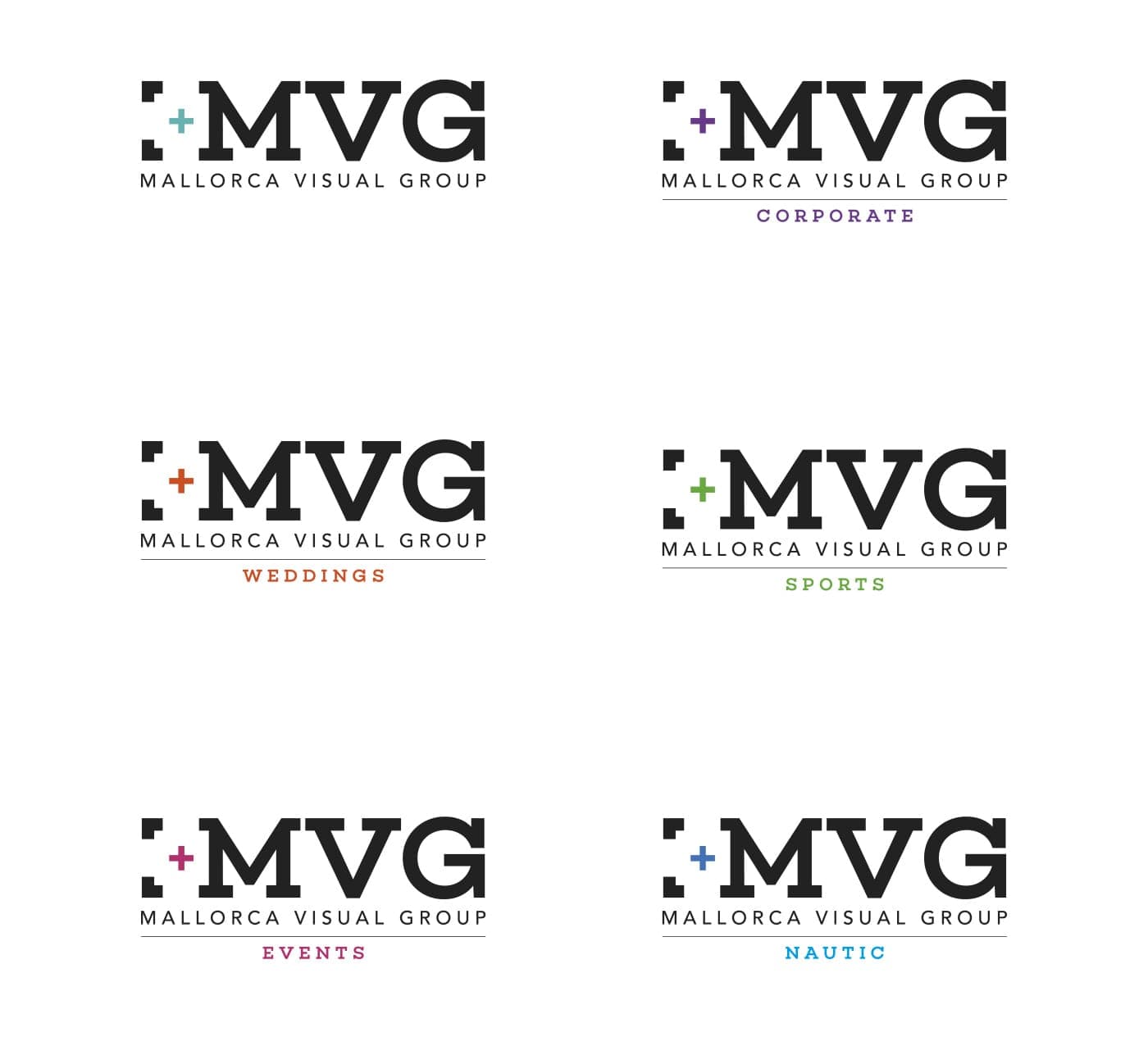 Five variants of the MVG logo with colour labels for each business area