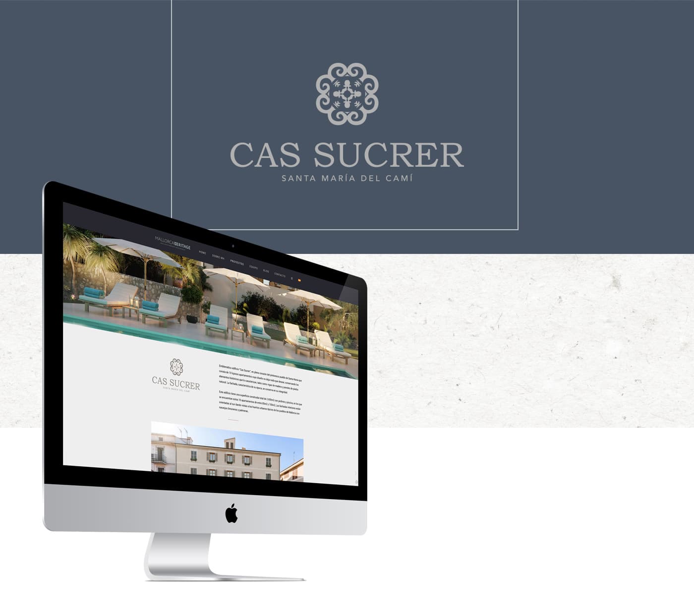Logotipo heráldico de Cas Sucrer aplicado sobre mockup de iMac con la web del proyecto
