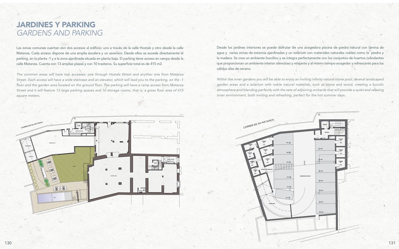 Doble página del libro de calidades con los planos de jardines y parking del edificio