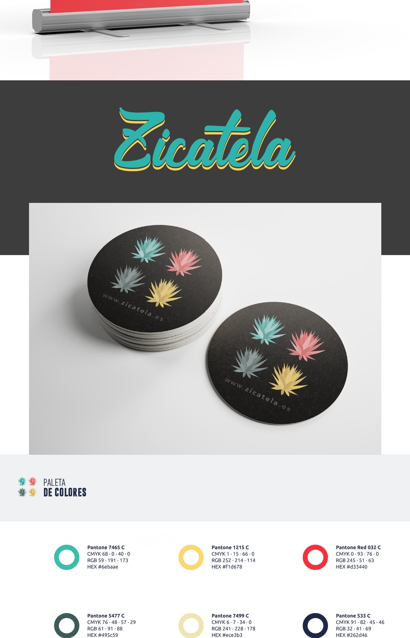 Roll-up con el logotipo y posavasos con ilustraciones de agave en varios colores