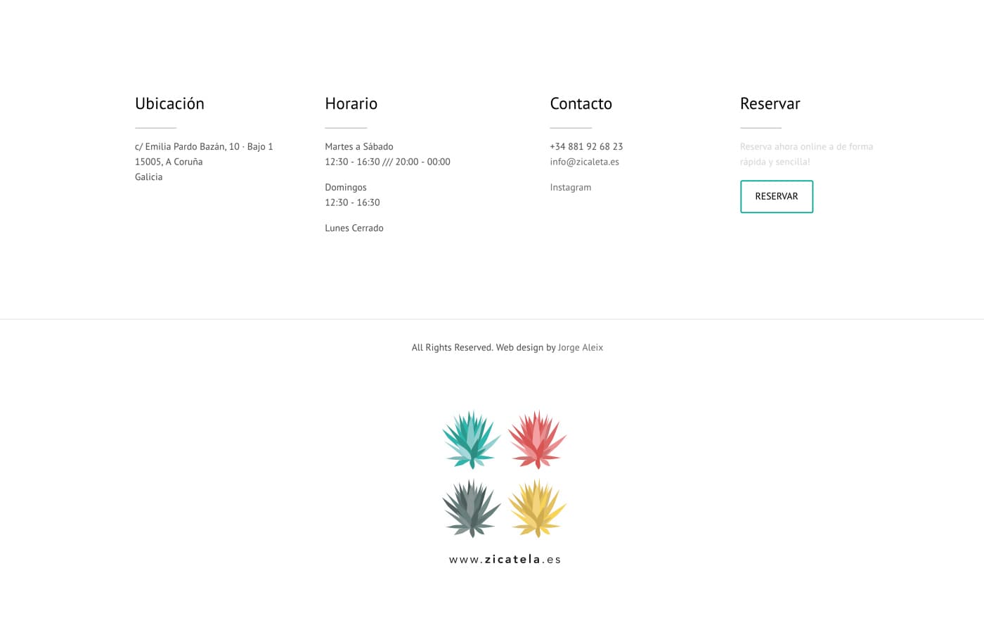 Pie de página de la web con datos de contacto, horario y los iconos de agave