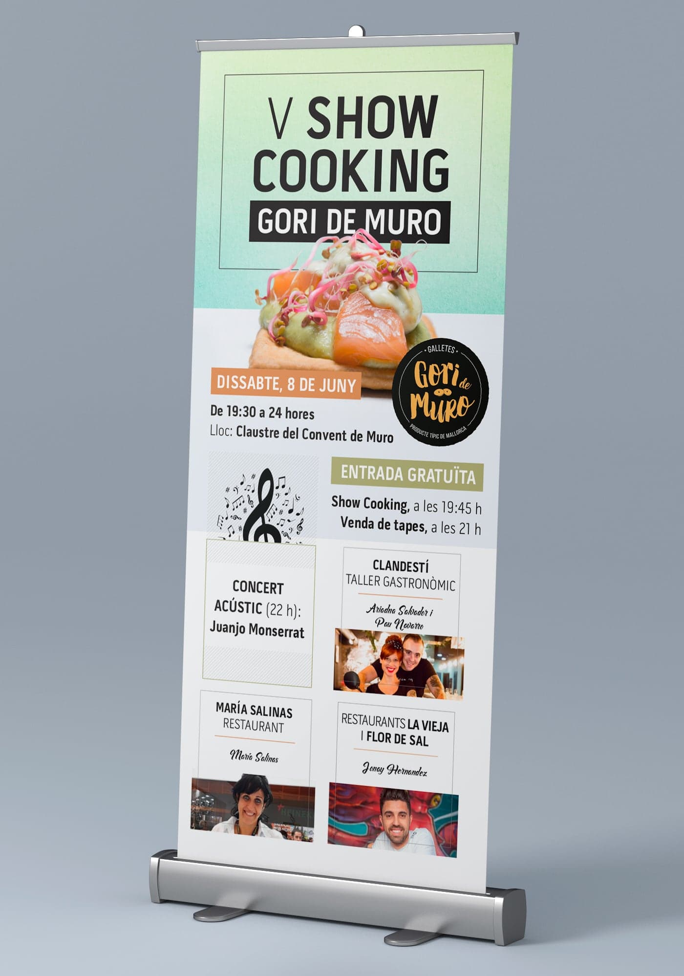 Roll-up publicitari del V Show Cooking Gori de Muro amb foto d'una tapa gurmet