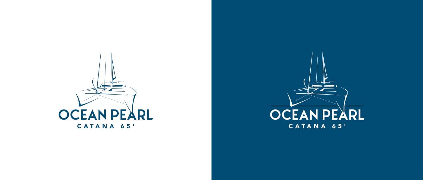 Ocean Pearl logo in a navy-blue version on white and reversed on blue
