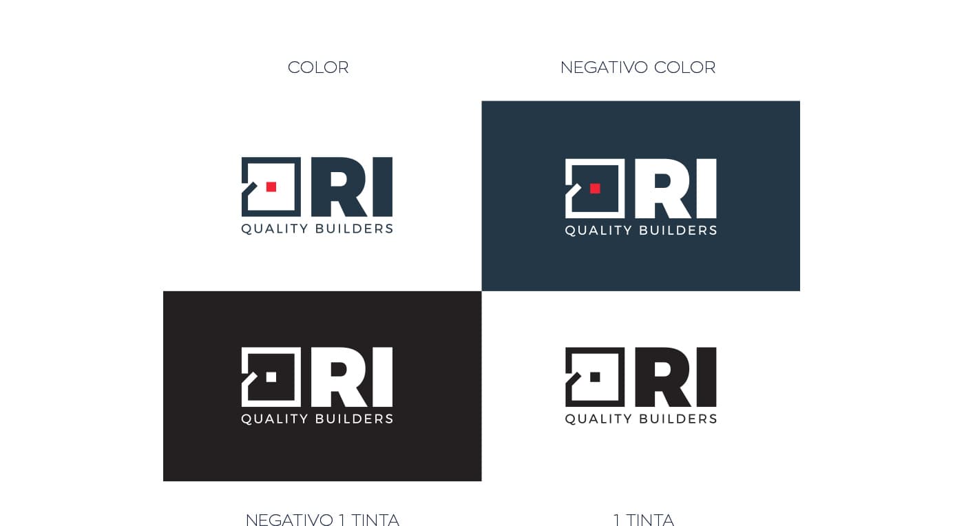 Cuatro variantes del logotipo RI Quality Builders en color, negativo y una tinta