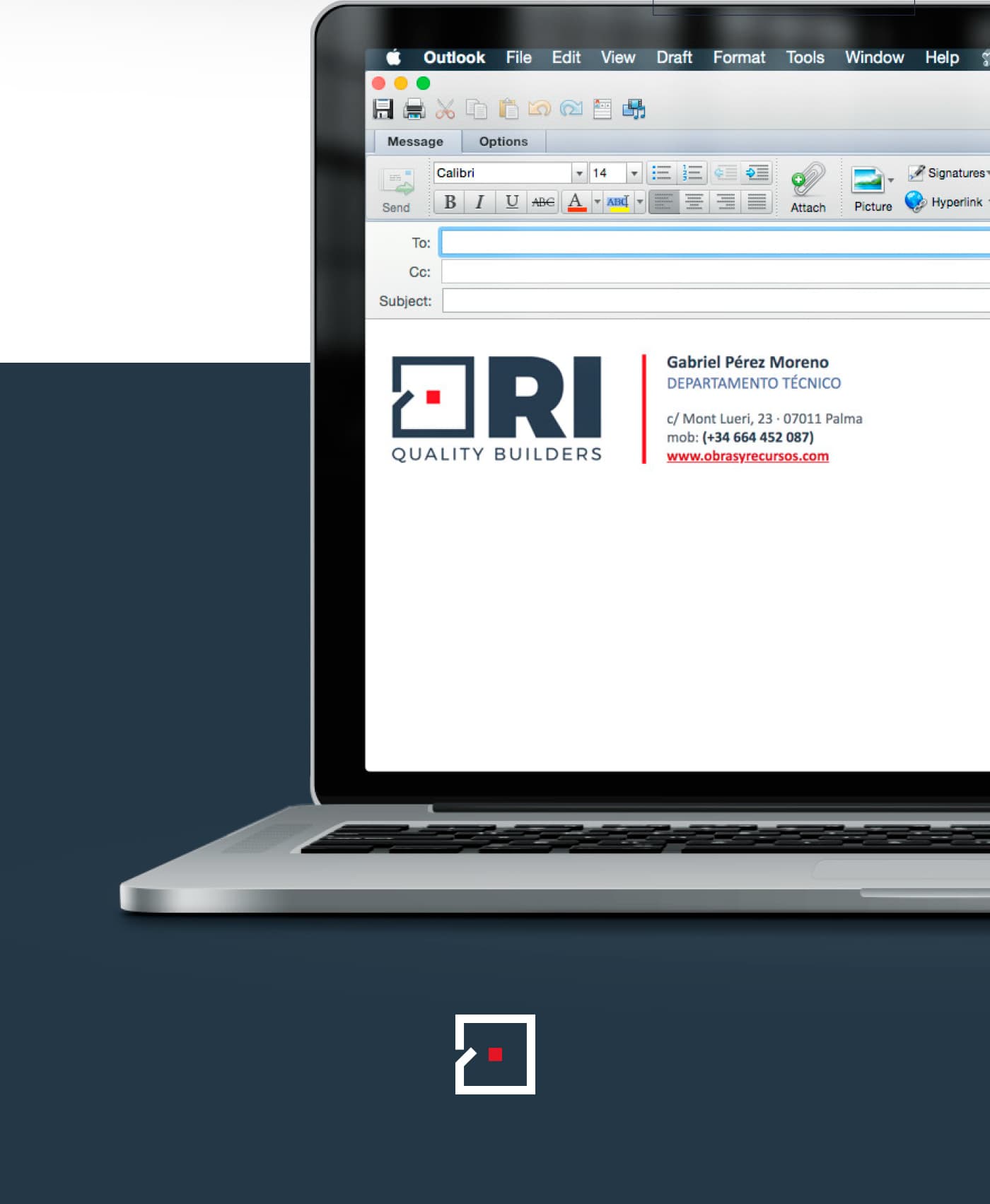 Mockup de firma de correo con el logotipo aplicado en un portátil