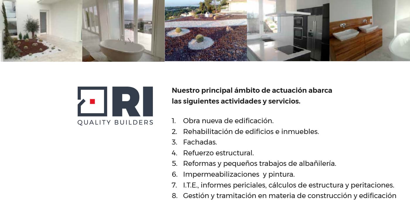 Fotografías de obras terminadas junto al logotipo y el listado de servicios de ORI
