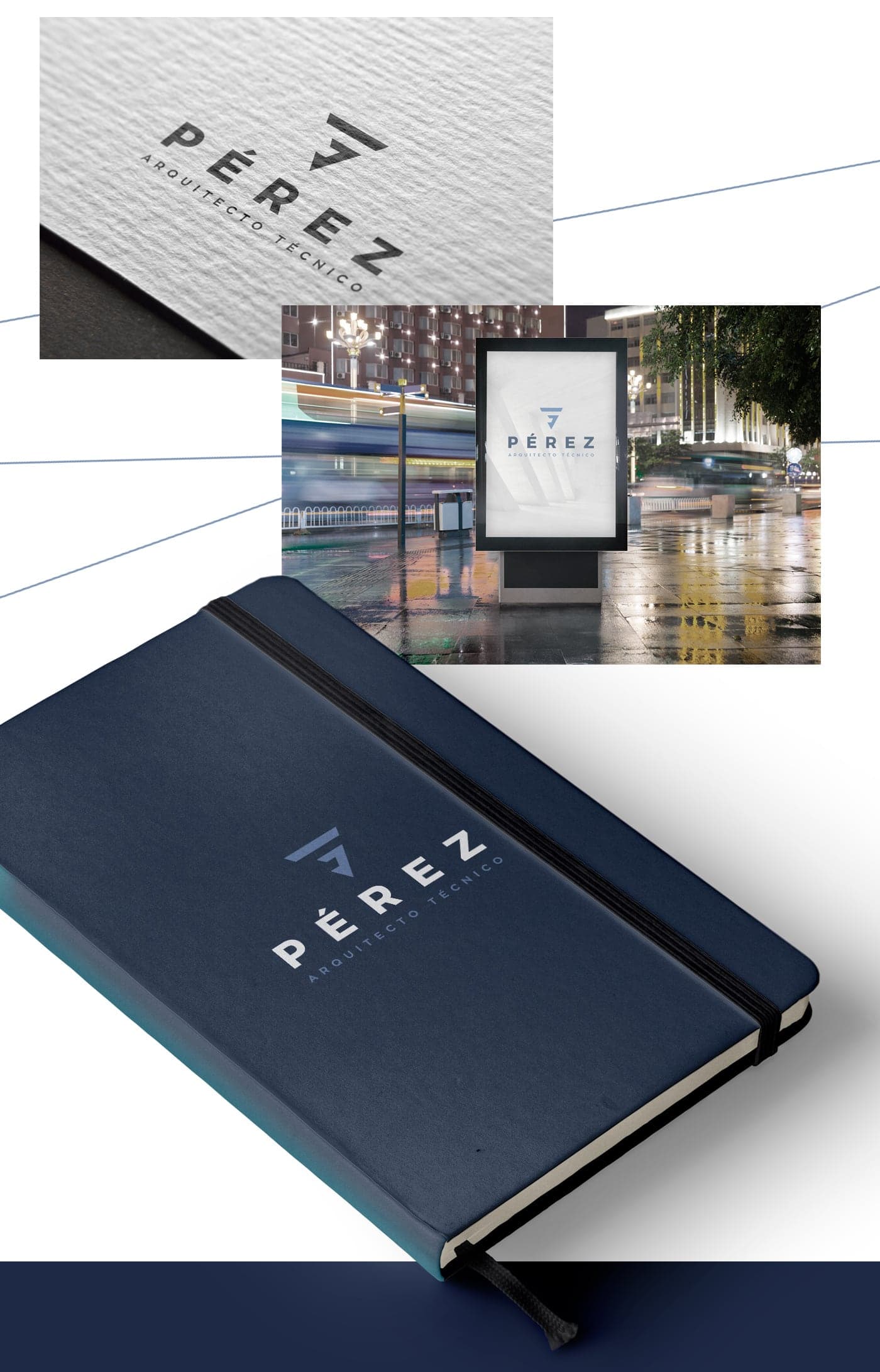 Logotipo grabado en papel, valla publicitaria nocturna y cuaderno corporativo de Pérez