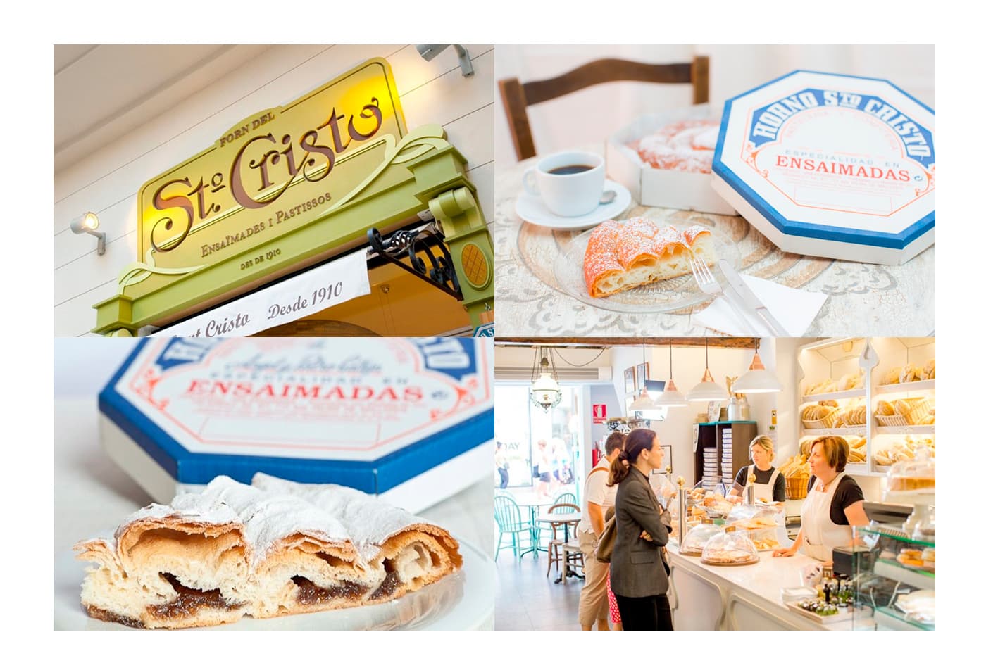 Collage with the facade sign, the ensaimada box and the interior of the Sto. Cristo bakery