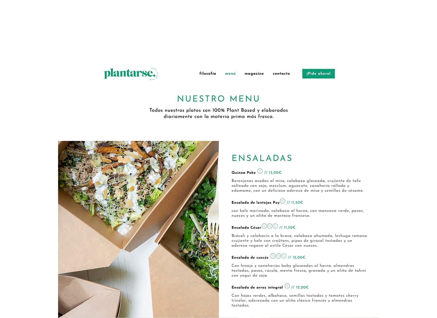 Pàgina de menú amb fotografia d'amanida en caixa kraft