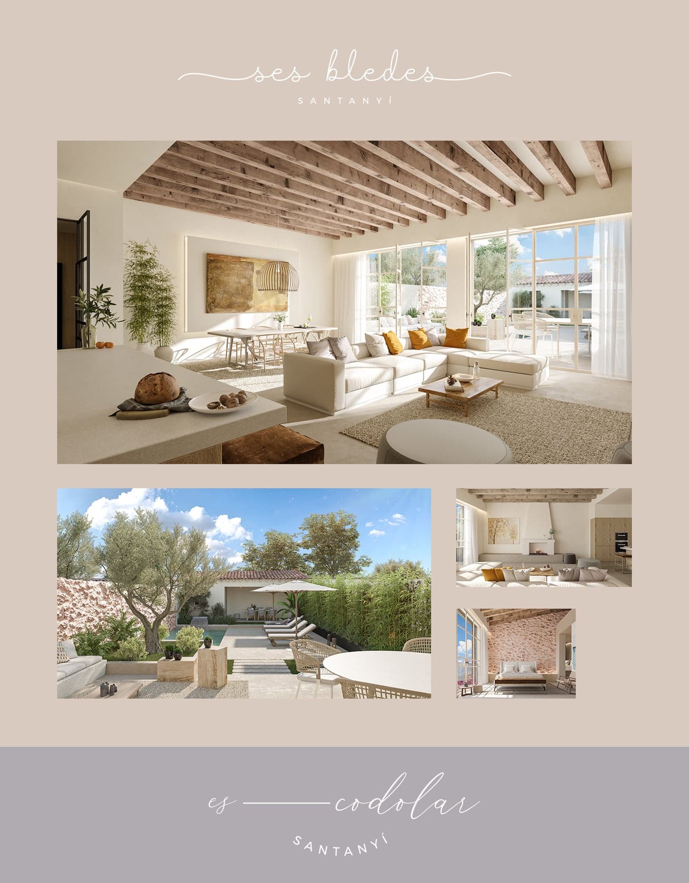 Moodboard de la vivienda Ses Bledes con salón de vigas de madera y terraza con piscina