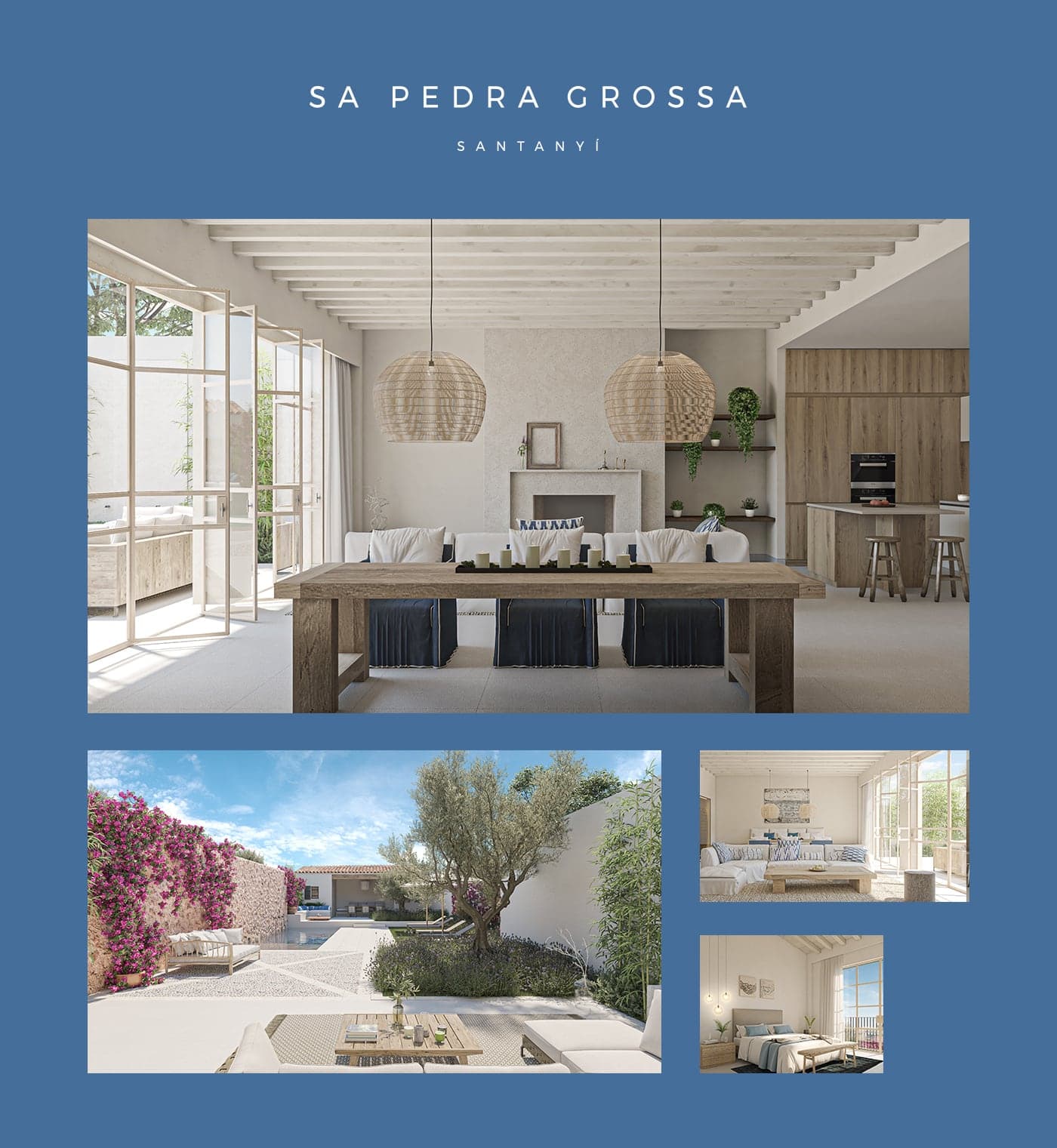 Moodboard de la vivienda Sa Pedra Grossa con comedor de madera y jardín de buganvillas
