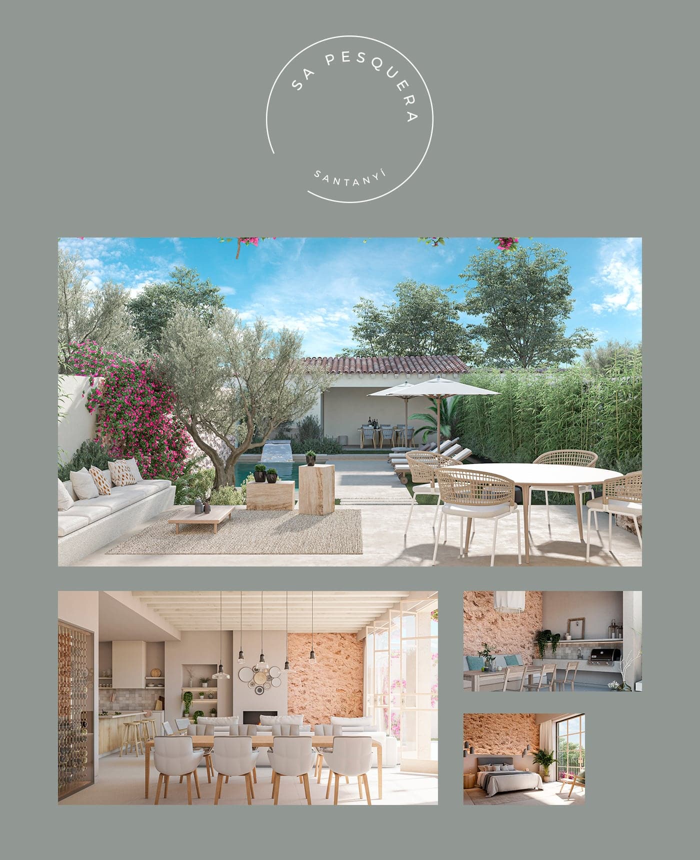 Moodboard de la vivienda Sa Pesquera con porche cubierto y comedor de piedra rosada