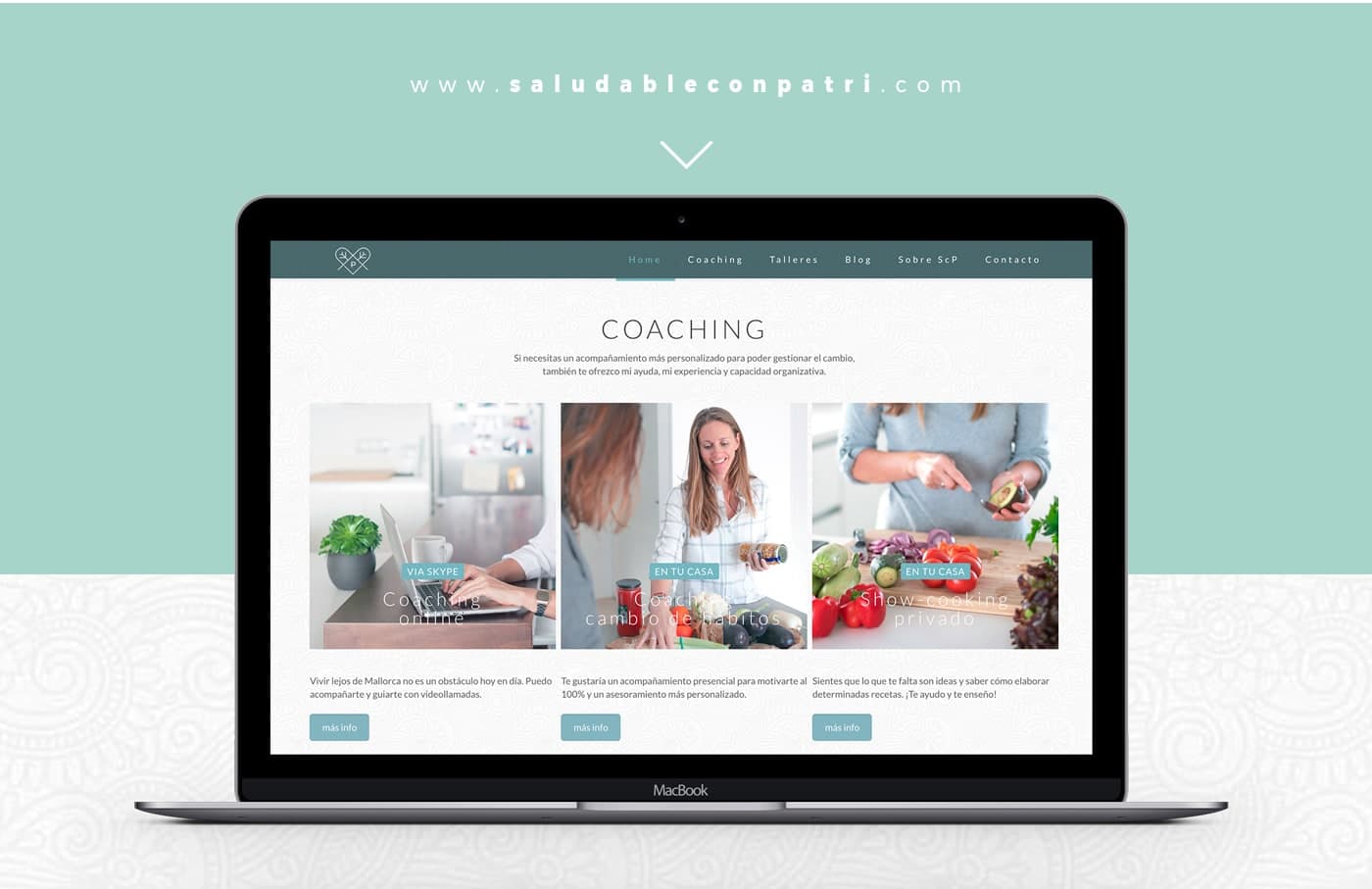 Web de Saludable con Patri en un portàtil mostrant les opcions de coaching