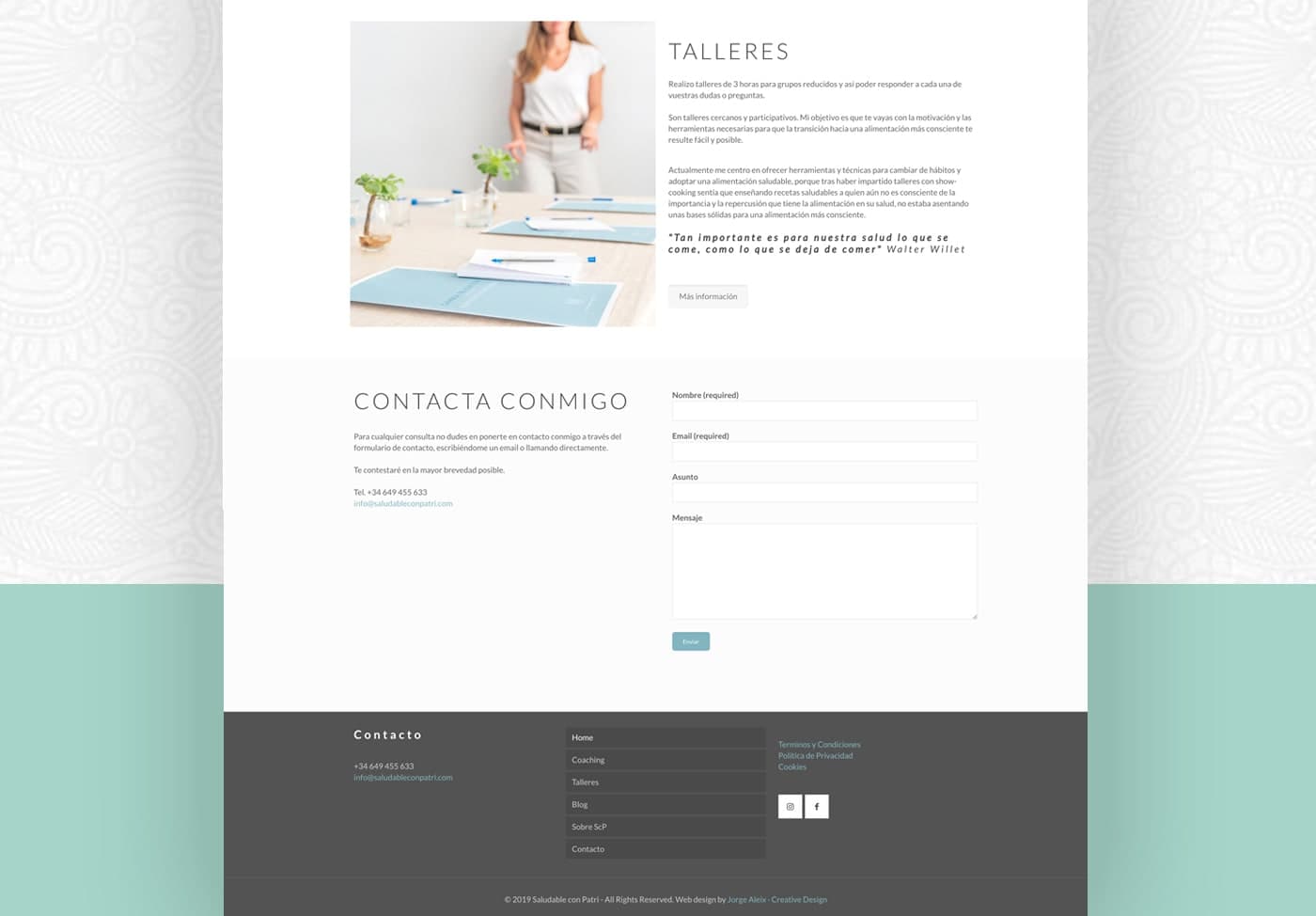 Secció de tallers i formulari de contacte de la web de Saludable con Patri