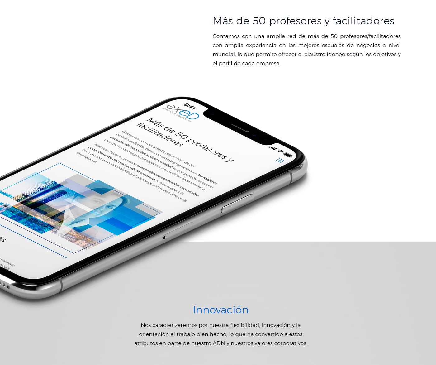 EXED website section on lecturers and facilitators viewed on an iPhone