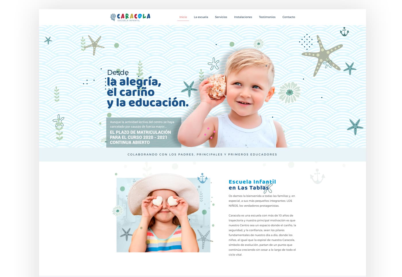 Pàgina d'inici de la web amb un infant somrient i secció de benvinguda