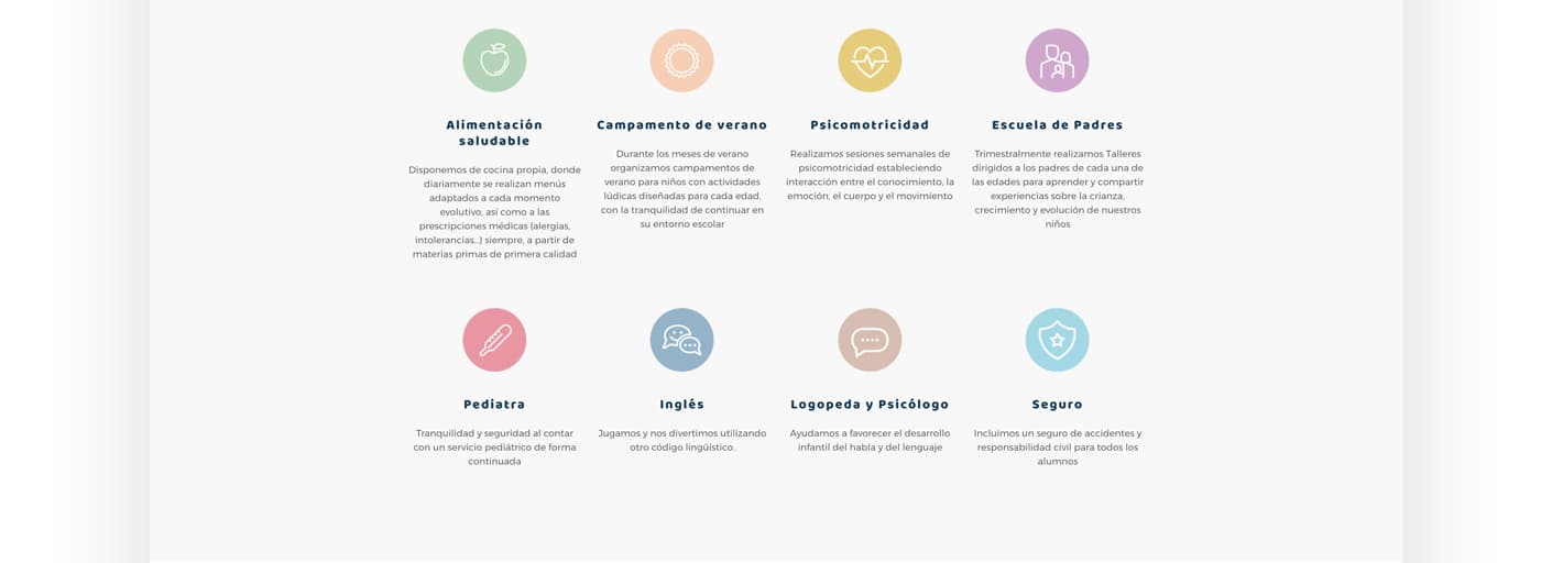 Quadrícula d'icones de serveis: alimentació, psicomotricitat, anglès i pediatra