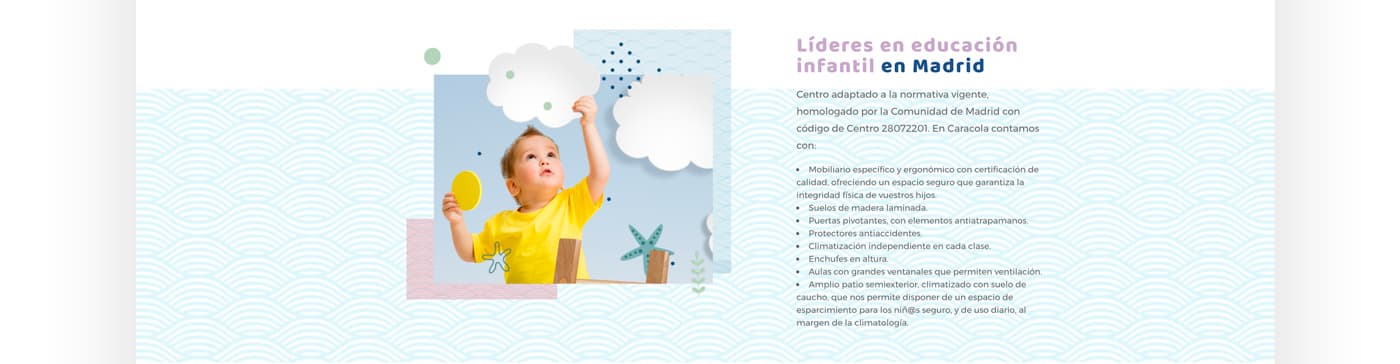 Secció Líders en educació infantil amb foto d'un infant i núvols de paper