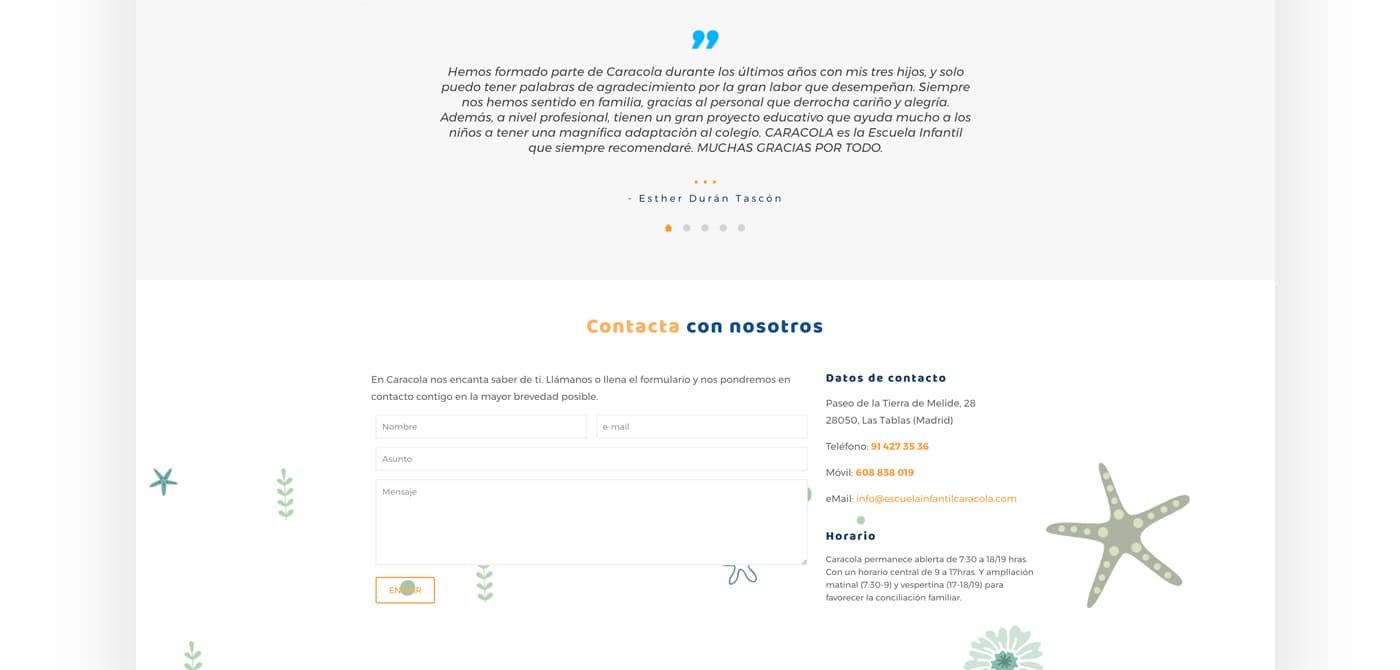 Secció de testimonis i formulari de contacte amb estrelles de mar il·lustrades