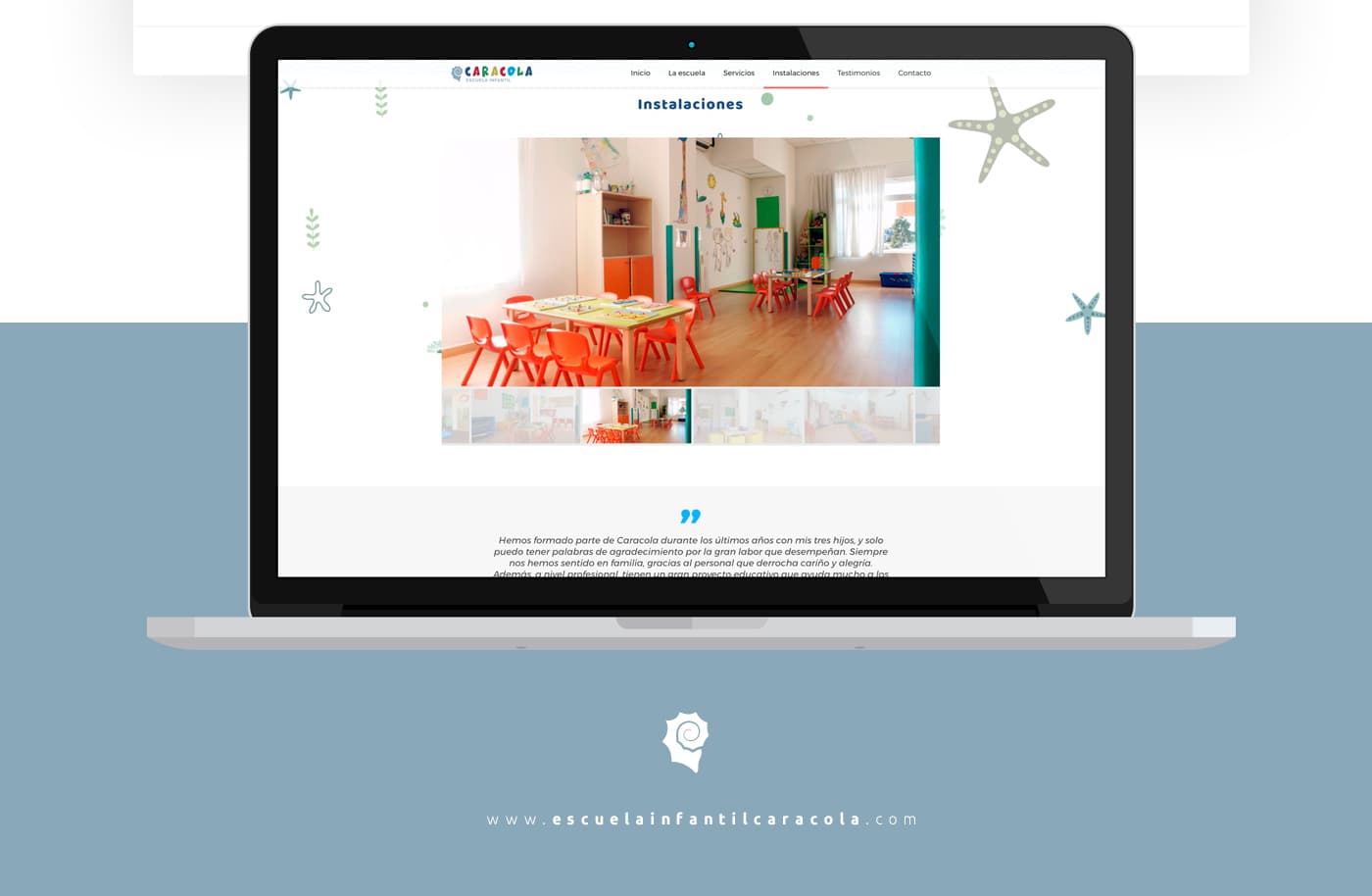 Mockup en portàtil de la pàgina Instal·lacions amb foto de l'aula infantil