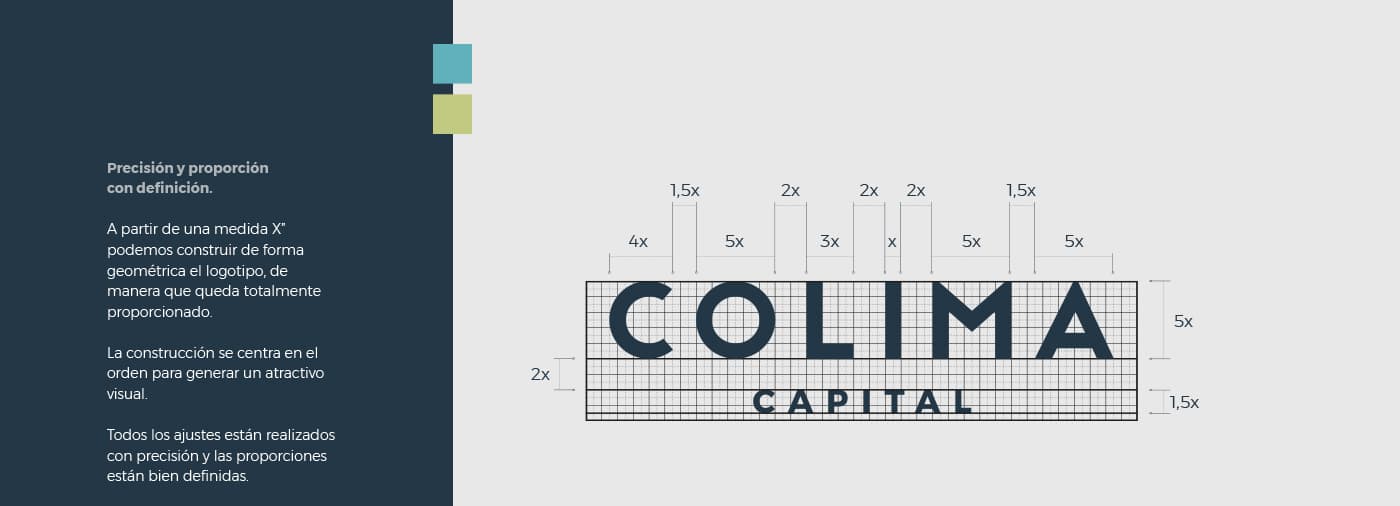 Retícula de construcció geomètrica del logotip de Colima Capital amb proporcions