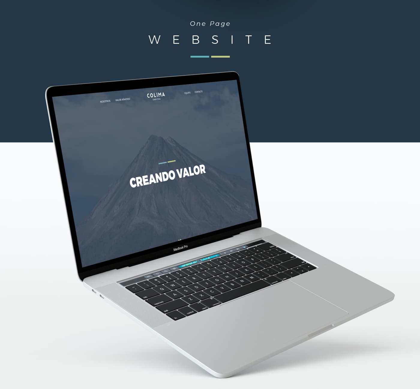 Web One Page de Colima Capital en un MacBook amb foto de volcà i text Creando valor
