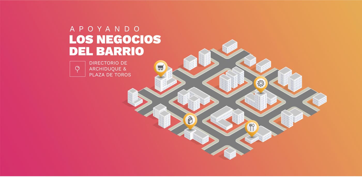 Cartel con ilustración isométrica del barrio y sus comercios señalados