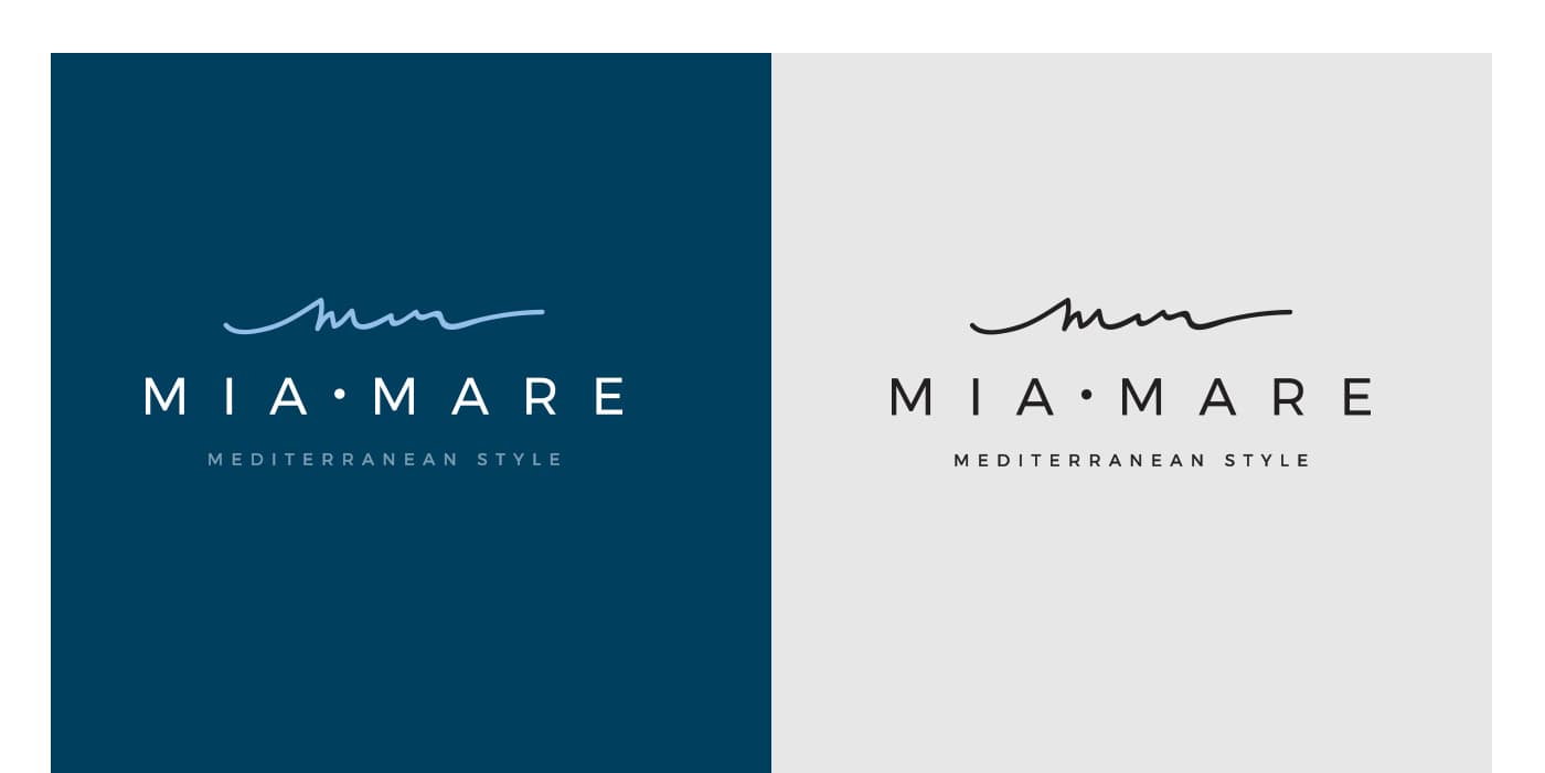 Logotipo de Mia Mare en versión clara y oscura con su firma manuscrita