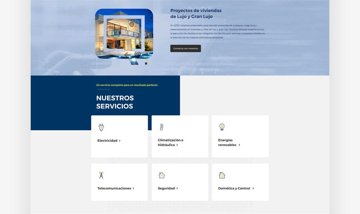 Secció web de projectes d'habitatges de luxe amb la graella de serveis de QTEC