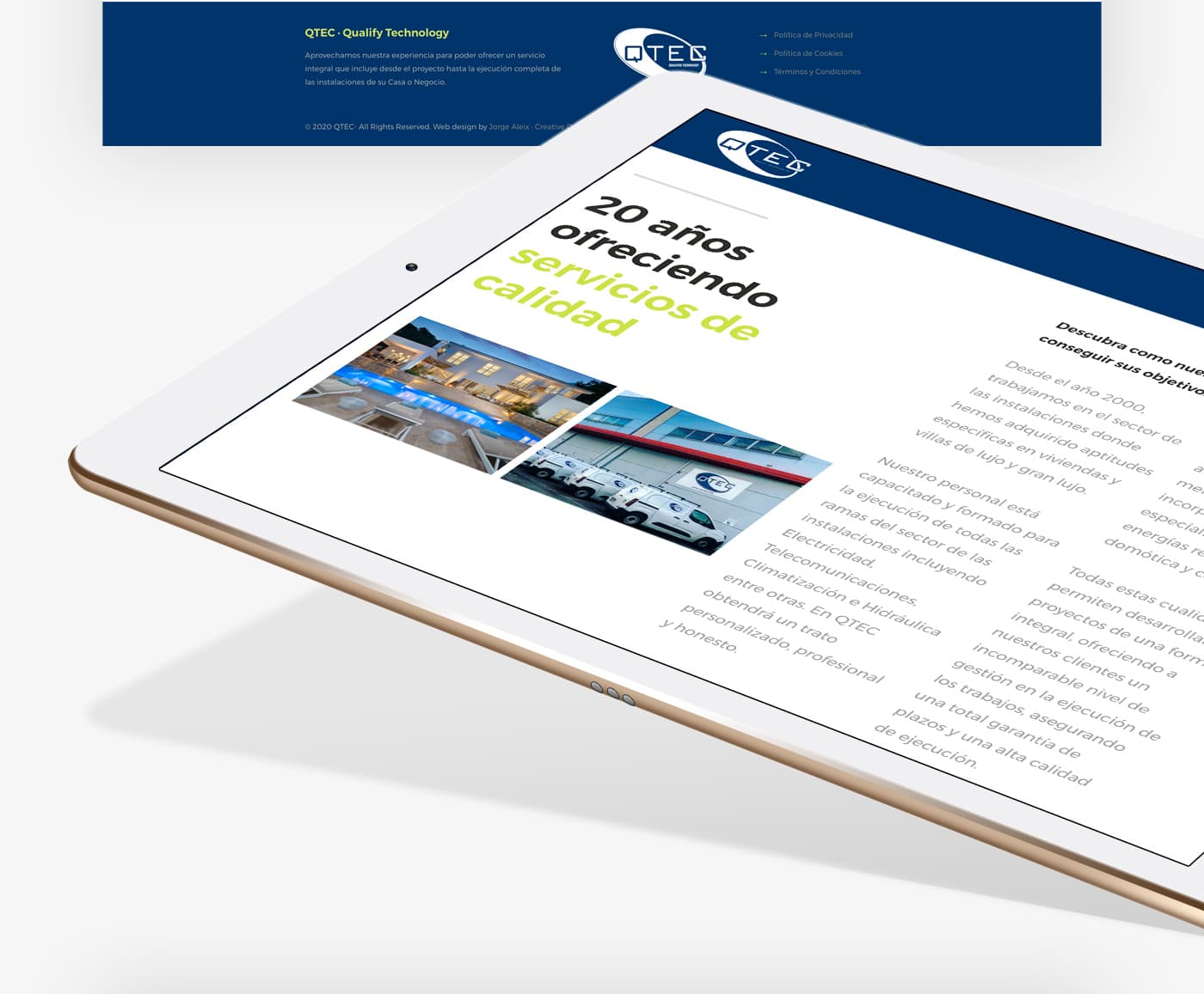 Mockup de tauleta amb la secció 20 anys oferint serveis de qualitat